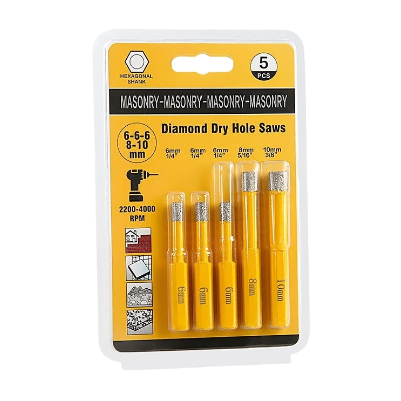 5PCS Diamond Drill Bits Set for Tile, Marble, Granite, Glass, Dry Drilling Core Bits
